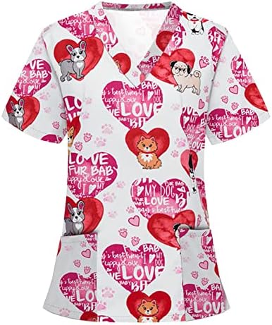 Top de manga curta para mulheres Summer Summer outono V Neck Spandex Love Print Work Uniform Tops Sexy Girls 2023 Roupas Trendy