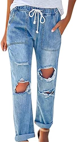Mulheres puxam corredores de jeans angustiados Cantura elástica de jeans elásticos de jeans elásticos calças de cintura alta