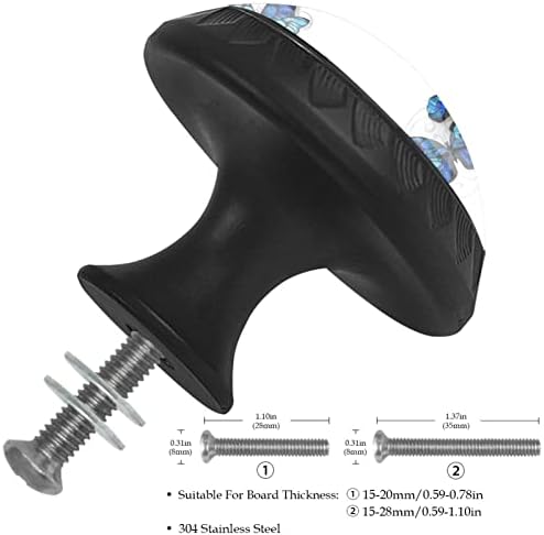 12 peças Borboletas simétricas azuis em maçanetas de vidro branco para gavetas de cômodas, 1,37 x 1,10 em armários de cozinha redondos para berçário em casa quarto quarto quarto