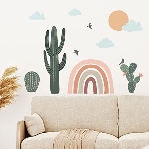 Adesivos de parede de arco -íris do arco -íris yovkky, boho cacti nuvens solares decoração de berçário, planta tropical boêmia,