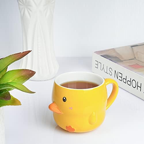 Caneca de café de pato de cerâmica engraçada de Tocooto, 14 onças de chá para mulheres caneca amarela fofa com tampa