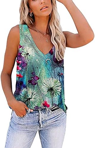 Neartime Women Women sem mangas tanques de verão casual impressão de girassol Top solto Fit U Pescoço camisetas