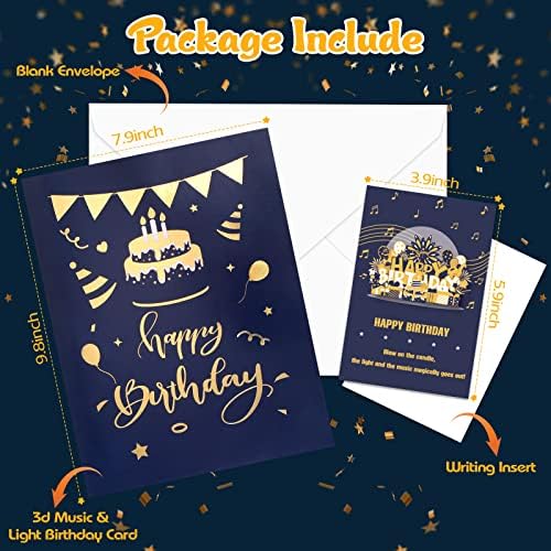 Huaxus grandes cartões de aniversário com vela soprável - cartão de feliz aniversário musical, cartão pop -up 3D, cartões