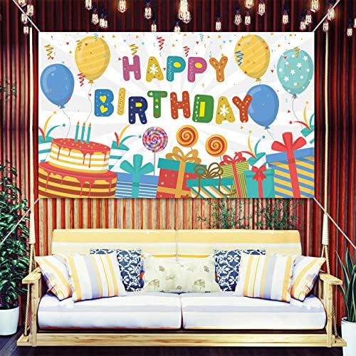 Feliz Aniversário Balão Banner, decorações de festa de aniversário para crianças, Bithday Cake Theme Photo Backdrop para suprimentos de decoração de festa de aniversário, 70 x 47 polegadas