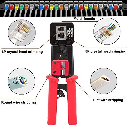 Taiwain RJ45 CAT5E CAT6 CUNCADOR DE RISPURA DE CRIMPER ETHERNET Crimper 108pcs, Testador de cabo de rede profissional para RJ11 RJ12, conjunto de reparo de LAN de dispositivos móveis, conectores de 50pcs e 50 botas de criminoso