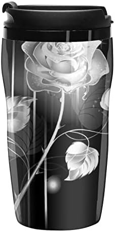 Donnapink Silver White Rose Flower na xícara de café preta, caneca de café sem deslizamento, caneca de viagem à prova de vazamentos