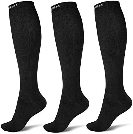 Qxurkut 3 pares meias de compressão preta para homens viagens de voo de voo de ciclismo, 15-20mmHg Knee High Long meias