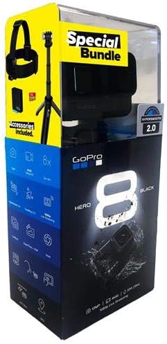 Pacote de varejo preto da GoPro Hero8 - Inclui Hero8 Black Camera Plus Shorty, Head Strap, Cartão SD de 32 GB e 2 baterias