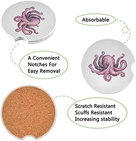 Octopus Absorvent Car Coasters 2 pacote para porta-copos, pedras de cerâmica de 2,56 e montanhas-russas de bebidas de cortiça não