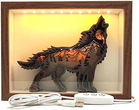 HOMETU 8 ”de madeira 3D Shadow Box Night Light - Escultura de lobo multicamada com lâmpada de cena de lobo oco com lâmpada de quadro de cena com lâmpada de linha para decoração de casa nogueira