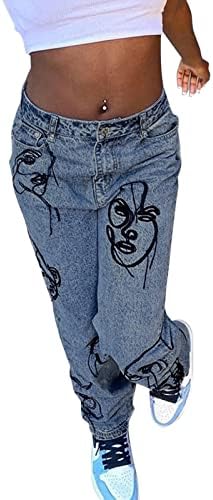 GUFESF Y2K Jeans folgados, mulheres rasgadas jeans calças retas de jeans de jeans angustiados Y2K Namorado calça de namorado aparar calça de rua larga de rua azul