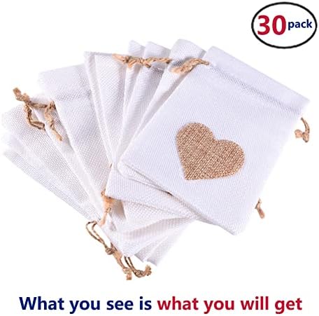30 pacote 5x7 bolsas de presente de estopa com cordão, bolsa de doces de bolsa de tiro coração bolsa de linho para festas de casamento