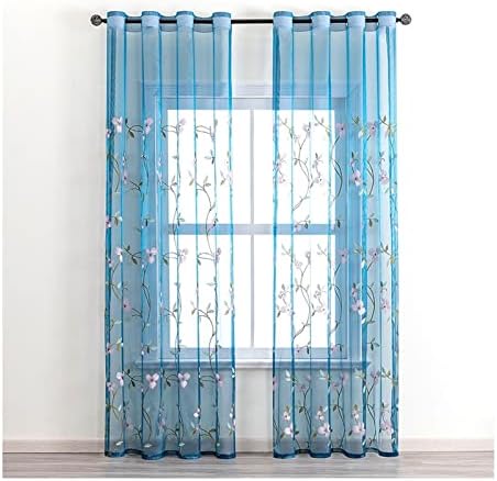 Daesar Sheer Voile Curtains 2 painéis, cortinas de quartos Flores de bordados azuis de poliéster e folhas Tratamentos da janela da sala de estar 34 W x 84 L