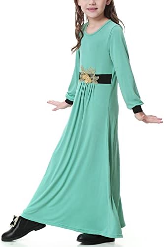 vestido longo muçulmano para meninas de 8 a 17 anos de menina de manga comprida pescoço redondo vestidos maxi casuais com bloco