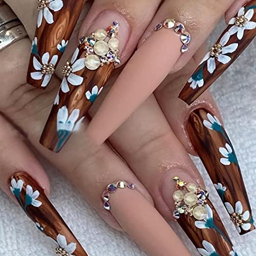 24pcs Pressione longa no prego Brown Flor branca Design de strassina de capa completa unhas falsas acrílicas brilhantes unhas falsas