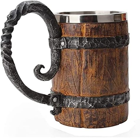 KNDATLE Handmade de madeira caneca de cerveja, bebidas em forma de balde com alça, caneca de coquetel de parede dupla em aço inoxidável para restaurante de bar, acessórios de bar vintage