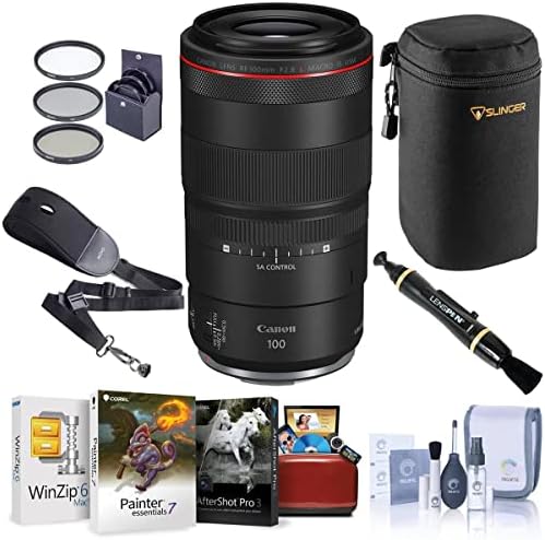 Canon RF 100mm f/2,8 L macro é lente USM, pacote com kit de filtro Prooptic de 67 mm, kit de limpeza, correia de câmera NS-3, bolsa de lentes, limpador de lentes, kit de software Mac, kit de software