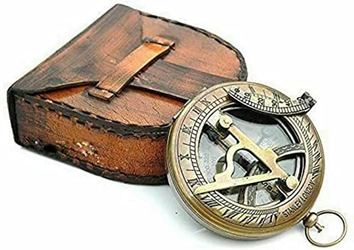 Botão de Push Náutico Compússica Sundial - Caixa de couro de bússola antiga Caminhando de caminhada de Hunting Survival