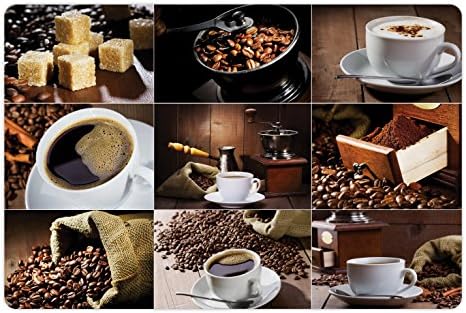 Tapete de estimação de café lunarable para comida e água, diferentes fotos de canecas de café e sacos de feijão assados ​​colagem