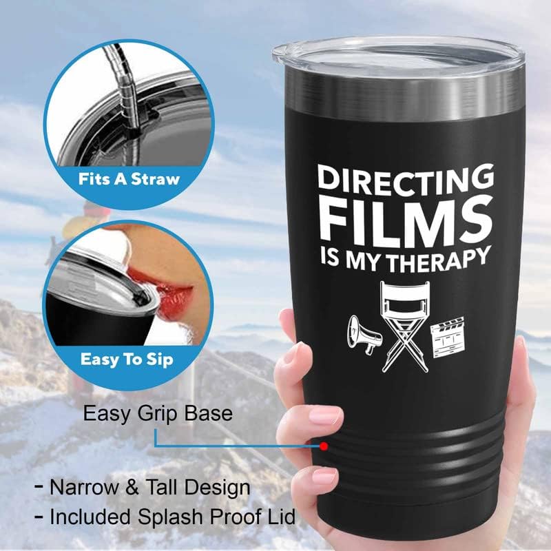 Cineasta Black Tumbler 20oz - Direcionando filmes é minha terapia - cineasta Presentes Câmera Corte Cut Prop Diretor ScriptWriter ScriptWriter