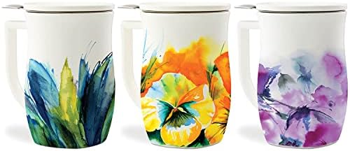 TEA FORTE Fiore Cerâmica Caneca de Chá com Infuser e Tampa, Verbena Blossom, 14 onças. Copo de cerâmica com alça para