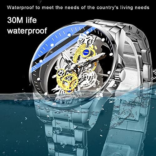 Tiong Men's Clear Cover Quartz Watch Men Antecem aço inoxidável Relógio à prova d'água, Squeleto de Negócios Quartz Assista a homens