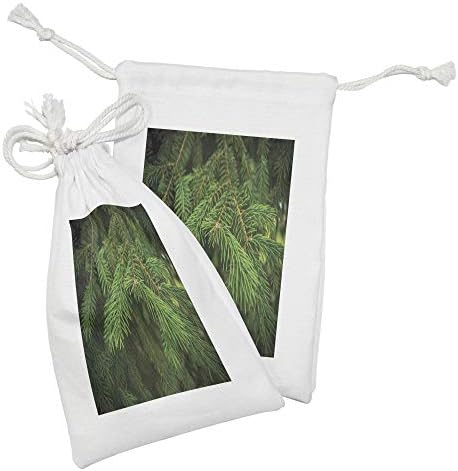 Conjunto de bolsas de tecido sempre -verde de Ambesonne de 2, padrão de galhos de uma imagem de close -up de abeto com fundo borrado, pequena bolsa de cordão para máscaras e favores de higiene pessoal, 9 x 6, samambaia verde e sempre -verde