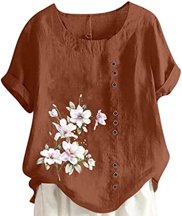 Botão de brunch feminino de comigeewa para cima camisas de manga curta camisas camisetas linho de linho floral camisetas de grandes dimensões M0