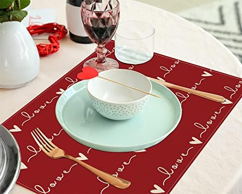 Feliz Dia dos Namorados Placemats Conjunto de 4, Red Love Hearts Casidades resistentes ao calor tapetes, decorações de mesa de casamento para fazenda para a Farmhouse Kitchen Dining Party 12x18 polegadas