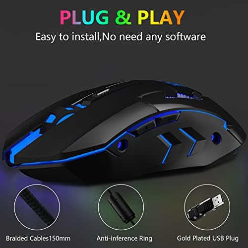 Mouse de jogos com fio de Fuwang, mouse de computador USB com retroilument RGB, sensor óptico de 7200 dpi, mouse de jogador ergonômico