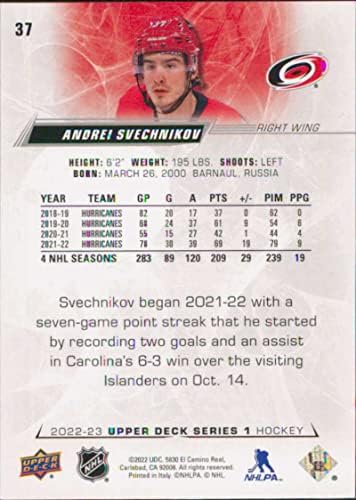 2022-23 Deck superior nº 37 Andrei Svechnikov Carolina Hurricanes Series 1 NHL Hockey Trading Card