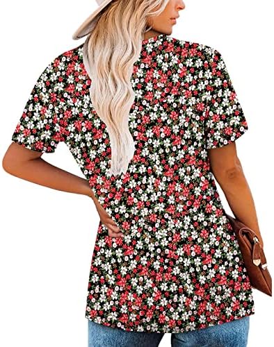 Tops estampados florais femininos de manga curta V camisa de túnica de pescoço plissado Blusa de blusa flowy top de verão casual botão de verão