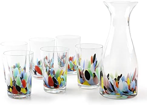 Conjunto Cá d'Oro de 6 copos de bebida e jarro de vidro Multicolor Confetti Mão soprado ao estilo Murano Glass