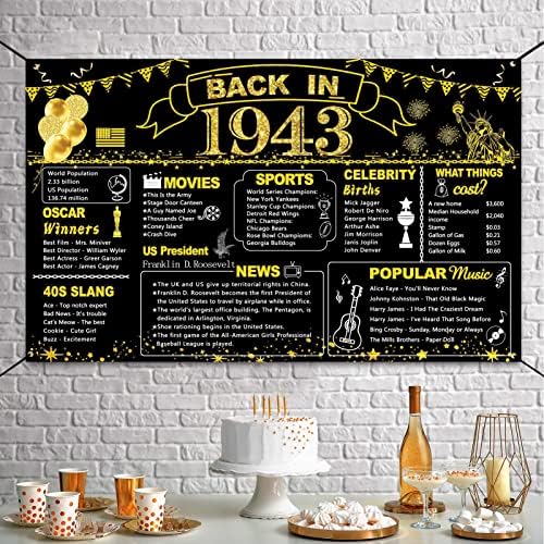 Darunaxy 80º aniversário Decoração de festa de ouro preto, em 1943 Banner de 80 anos Festa de aniversário Poster fornece vintage