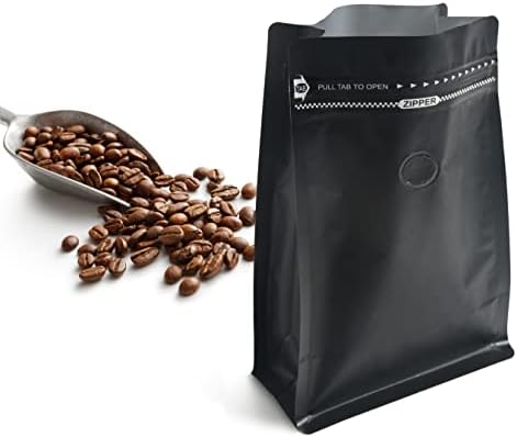 Pacote de 50 lb lb de bolsas de café em cor preta - papel de alumínio de alta barreira - bolsas de café de fundo liso com válvula de desgaseificação, sacos de armazenamento de alimentos com zíper rsealável e fita aberta fácil