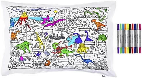 Conjunto de presentes do Eatsleepdoodle para crianças-Cascas de algodão colorido 3 pacote em contos de fadas e lendas, Designs de Space Explorer e dinossauros, 10 marcadores de tecido de lavagem incluídos em cada travesseiro