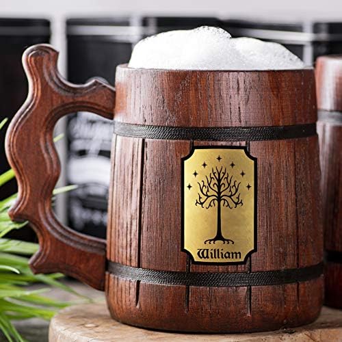 Árvore da caneca de Gondor. Senhor toca presente. Caneca de cerveja personalizada. Caneca de Hobbit de madeira de Gondor.