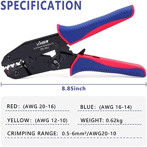 Zhushan Ratcheting Electrical Wire Crimper, ferramenta de crimpagem 30J para terminais sem soldados de laca