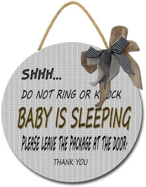 Weytff Baby Sleeping Sign para a porta da frente engraçada Baby dormindo placa pendurada placa, não bata ou tocem a campainha, cabide de madeira redonda para quarto de bebê, viveiro, porta da frente, maçaneta da porta 11