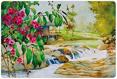 Paisagem lunarável tapete de estimação para alimentos e água, pintura em aquarela cenário de primavera nas árvores em cascata da