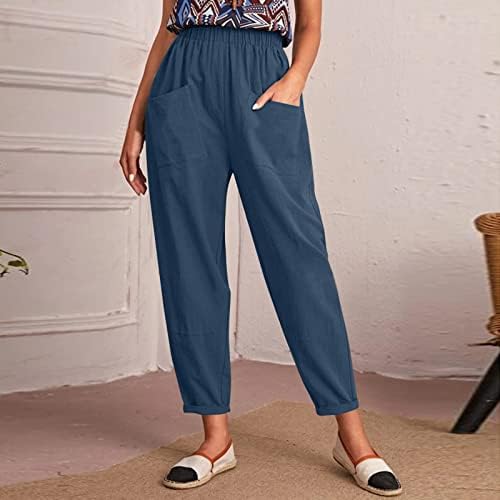 Calças de linho de algodão casual de verão para mulheres calças de perna larga e largo calças de cintura alta com bolsos de conforto