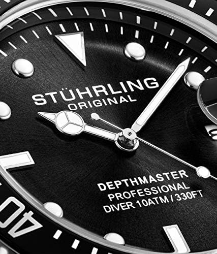 Stuhrling Original Men's Watch Dive Watch Silver 42 mm Caixa com água de borracha de coroa resistente a 330 pés