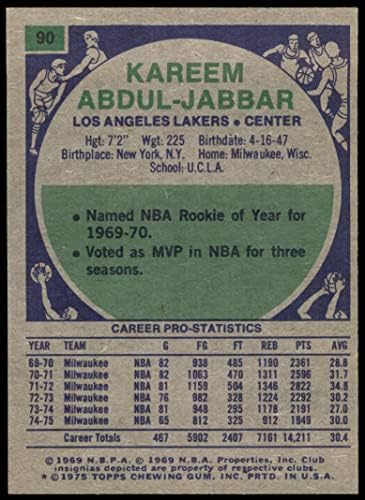 1975 Topps Card de basquete regular90 Kareem Abduljabbar do Los Angeles Lakers Grade Good Good Good Good Good Good Good Good