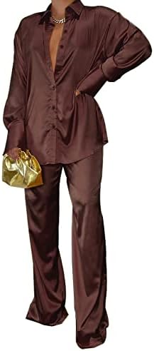 Gtmrinjn feminino cetim de seda 2 peças roupas de manga comprida botão de lapela no topo da perna larga Palazzo Loungewear
