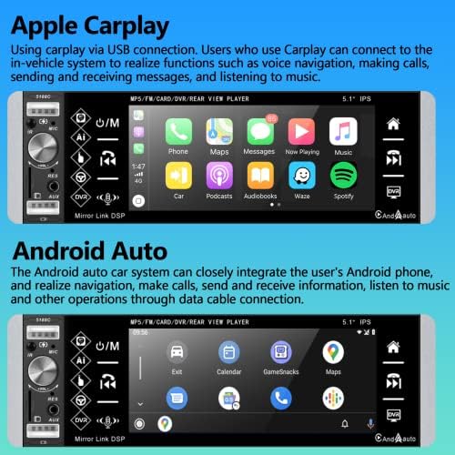 1 Din Single Car Séreo com Apple CarPlay e Android Auto, Rádio de carro sensível ao toque de Rimoody Bluetooth 5.1 ''