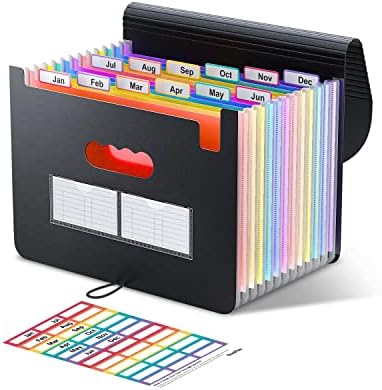 Pasta de arquivo de expansão Thinktex 12 bolsos Organizador de arquivos acorde/caixa de arquivamento de plástico expansível portátil, Bill/Paper/Document/Recebimento de Documento/Pastas de Organizador com guias coloridas