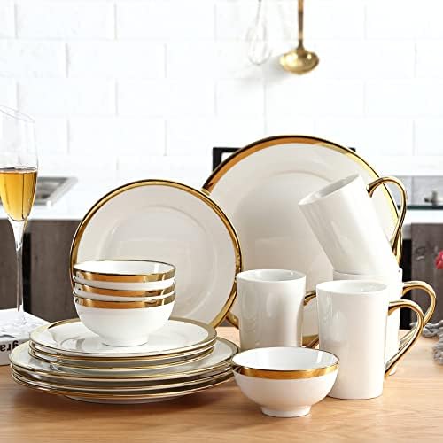 Conjunto de utensílios brancos e dourados Loymokinar, um conjunto de pratos de porcelana moderna de 16 peças, inclui pratos de jantar e sobremesa, tigelas e canecas, perfeitas para presentes de casamento e desgosto de casa