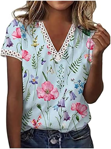 Tops de verão feminino Tops casuais de impressão floral renda folgada v pescoço de manga curta ajuste camisetas diárias