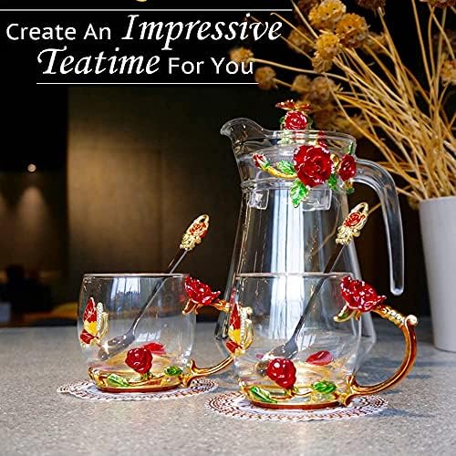 Conjuntos de chá de vidro de flores sofisticados para mulheres, 10 onças de caneca de café sofisticada de 2 com colheres, burefly floral