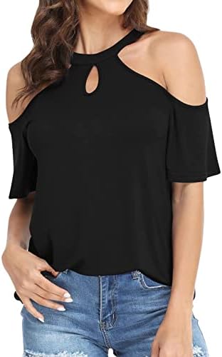 Camisetas de ombro frio de manga curta para mulheres outono no outono abeto back halter strap impressão de fechadura planície